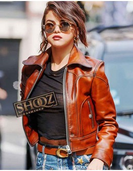 Selena Gomez Brown Leather Jacket